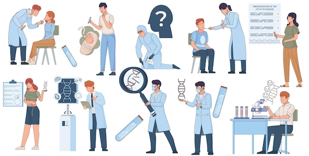 Vetor grátis conjunto plano de pessoas de teste genético de ícones isolados com doodle caracteres humanos de cientistas com ilustração vetorial de dna