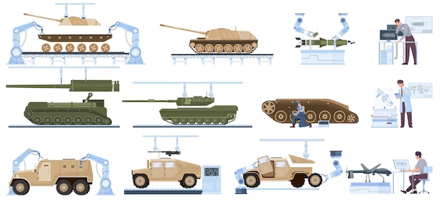 Conjunto plano de produção militar de veículo blindado de combate, tanque moderno, drone, foguete, ícones isolados, ilustração vetorial