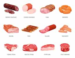 Vetor grátis conjunto plano de produtos de carne com imagens isoladas de salsichas, presunto e bacon com legendas de texto editáveis ilustração vetorial