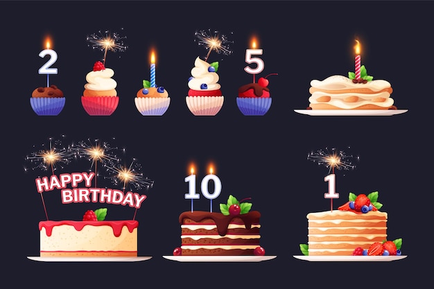 Vetor grátis conjunto plano de sobremesas de bolos de aniversário e cupcakes com várias coberturas, velas, luzes de bengala, isoladas em ilustração vetorial de fundo preto