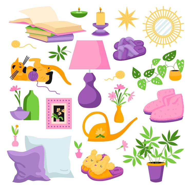 Vetor grátis conjunto plano de vários objetos para interior aconchegante com chinelos de velas, plantas de casa, livros de lâmpadas, ilustração vetorial isolada