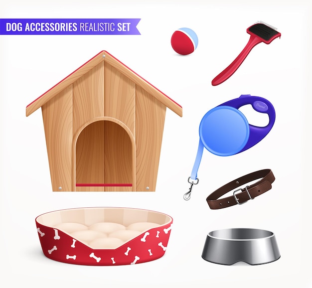 Vetor grátis conjunto realista de acessórios para cães de brinquedos de coleira de tigela de cabine para jogar ilustração vetorial isolada