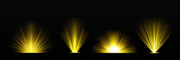 Vetor grátis conjunto realista de brilho de luz dourada isolado em fundo transparente ilustração em vetor de flash amarelo com partículas de brilho cintilantes explosão de energia mágica efeito bokeh raios de sol