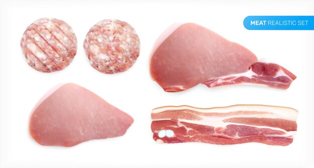 Conjunto realista de carne com imagens isoladas de produtos de carne, fatias de salsicha, bifes, bacon e ilustração vetorial de texto editável
