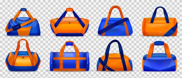 Vetor grátis conjunto realista de elegantes bolsas de ginástica laranja e azul isoladas em ilustração vetorial de fundo transparente