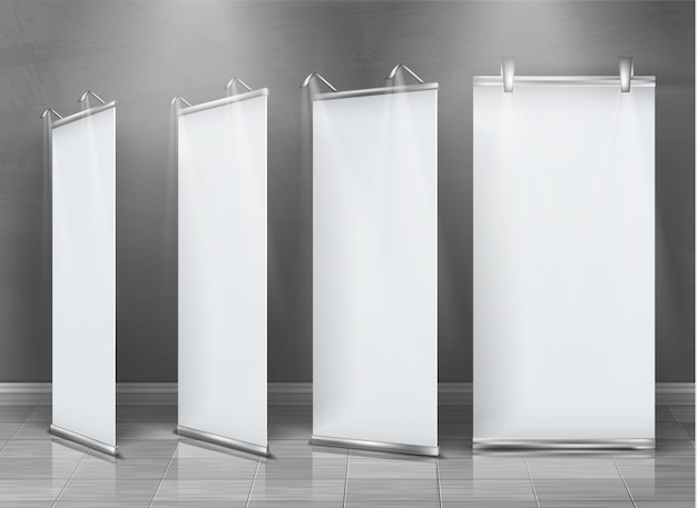 conjunto realista de em branco arregaçar banners, verticais significa exposição e apresentação de negócios