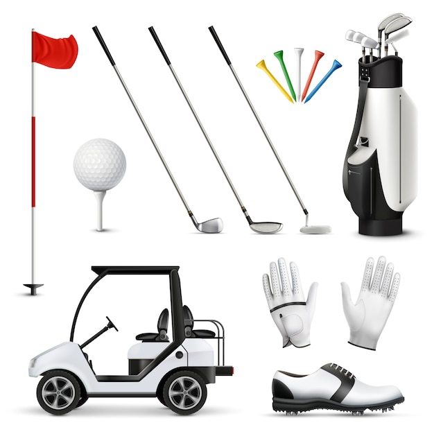 Conjunto realista de equipamento de golfe e vestuário de jogador isolado de ilustração vetorial