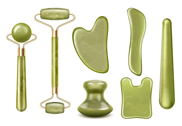 Conjunto realista de ferramentas de massagem gua sha de rolos de jade e pedras de formas diferentes ilustração vetorial isolada