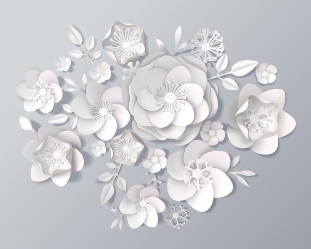 Conjunto realista de flores de papel branco