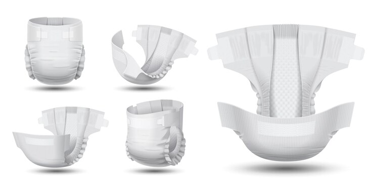 Vetor grátis conjunto realista de fraldas de bebê branco de ilustração vetorial isolada de diferentes ângulos
