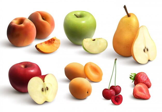 Conjunto realista de frutas cortadas