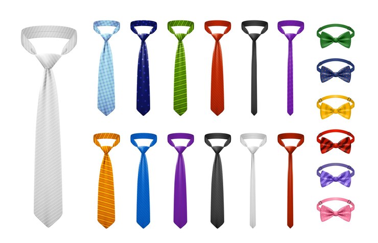 Vetor grátis conjunto realista de gravatas e laços de estilo diferente e ilustração vetorial isolada de cor