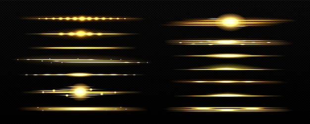 Vetor grátis conjunto realista de linhas de luz douradas isoladas em vetor de fundo transparente ilustração de lâmpada led amarela brilhando brilho do nascer do sol no horizonte efeito de energia mágica divisor de sol