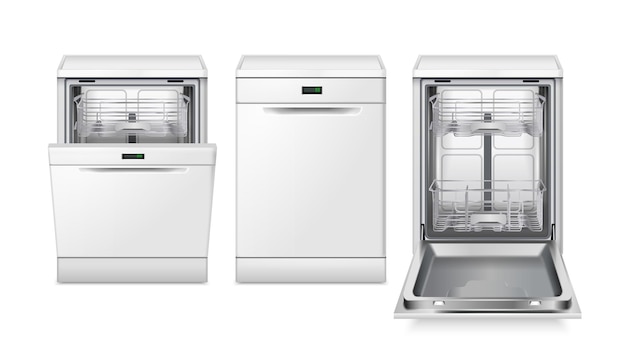 Conjunto realista de máquina de lavar louça de três imagens isoladas com diferentes visões da ilustração vetorial de máquina de lavar louça
