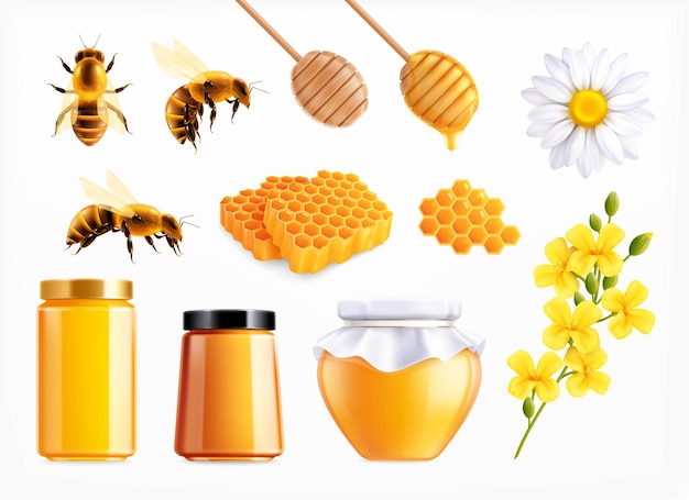 Conjunto realista de mel com ícones isolados de colheres pente e flores com abelhas e ilustração vetorial de frascos cheios