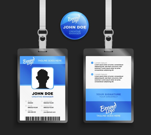Conjunto realista de modelo de crachá azul vista frontal e traseira do cartão de identificação com cordão isolado contra ilustração vetorial de fundo preto