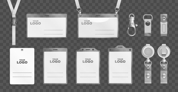 Conjunto realista de modelos de cartões de crachás de identificação em suportes de plástico com colhedores e clipes de metal isolados em ilustração vetorial de fundo transparente