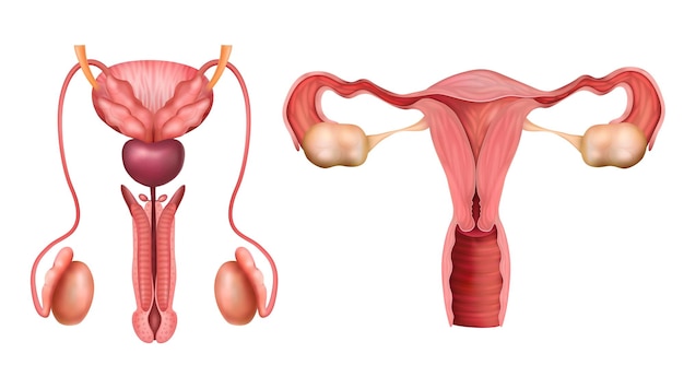 Vetor grátis conjunto realista de órgãos do sistema reprodutivo masculino e feminino isolado na ilustração vetorial de fundo branco