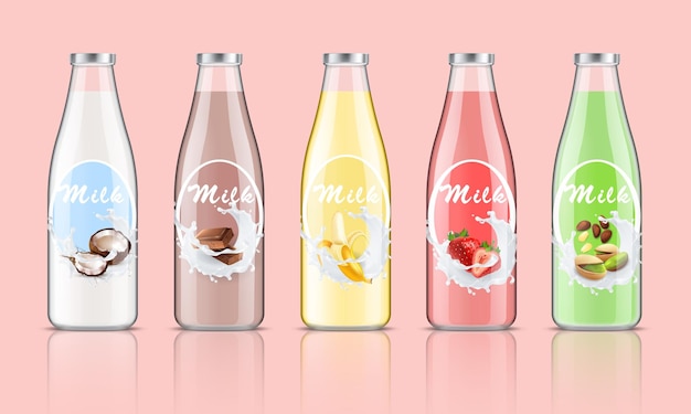 Vetor grátis conjunto realista de pacotes de garrafas de leite com ilustração vetorial isolada de símbolos de sabor de frutas