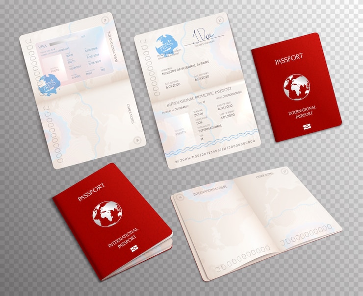 Vetor grátis conjunto realista de passaporte biométrico transparente com maquetes de documentos abertas em folhas diferentes