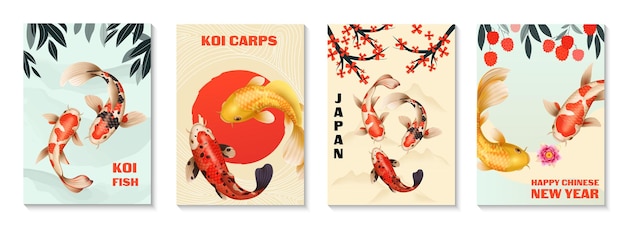 Vetor grátis conjunto realista de peixes koi de quatro cartazes verticais com texto editável e imagens de peixes exóticos ilustração vetorial