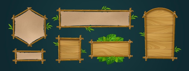 Vetor grátis conjunto realista de placas de papel e madeira de bambu