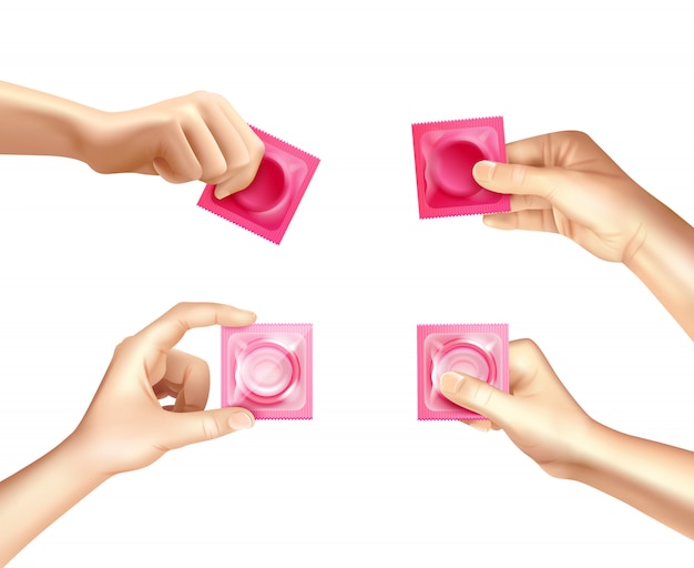 Conjunto realista de preservativo na mão