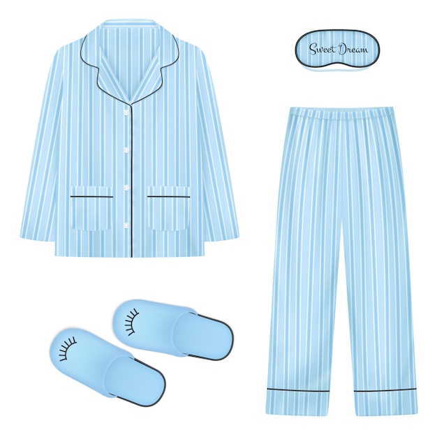 Vetor grátis conjunto realista de roupa de dormir na cor azul com tapa-olho de chinelos para ilustração isolada de sono e pijama