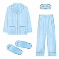 Vetor grátis conjunto realista de roupa de dormir na cor azul com tapa-olho de chinelos para ilustração isolada de sono e pijama