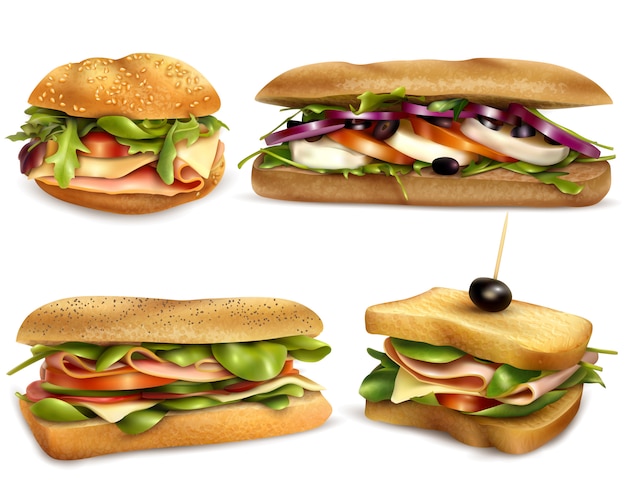 Conjunto realista de sanduíches frescos saudável ingrediente