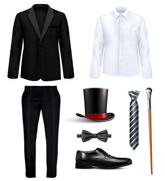 Conjunto realista de terno e acessórios de cavalheiro com traje preto, camisa branca, chapéu, gravatas, vara, ilustração vetorial isolada