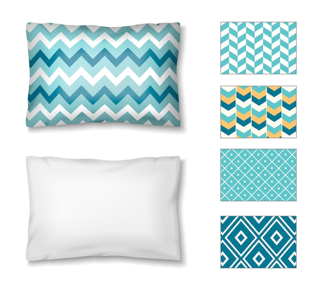 Vetor grátis conjunto realista de travesseiros com ícones isolados de travesseiros e amostras de várias opções de cores e padrões ilustração vetorial