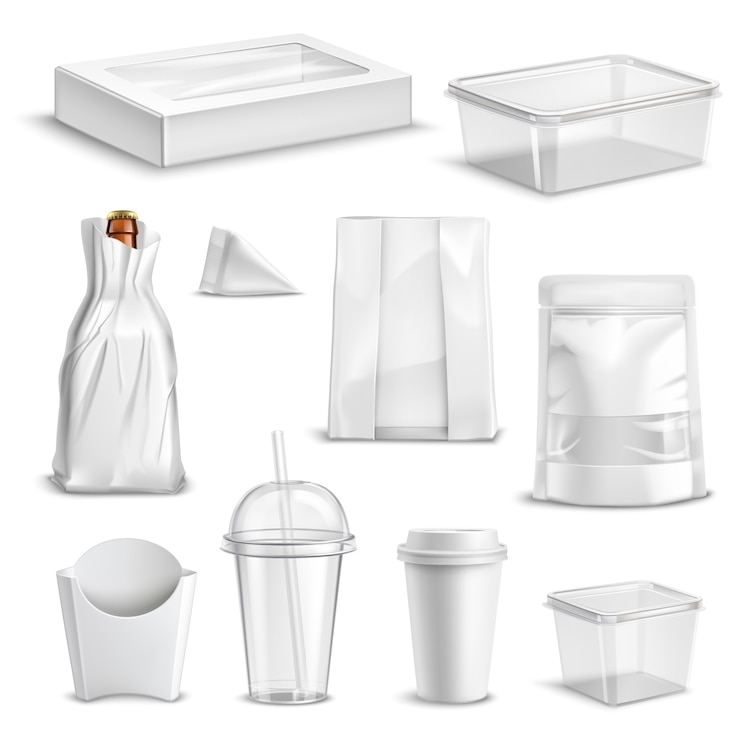 Vetor grátis conjunto realista em branco de embalagens de alimentos