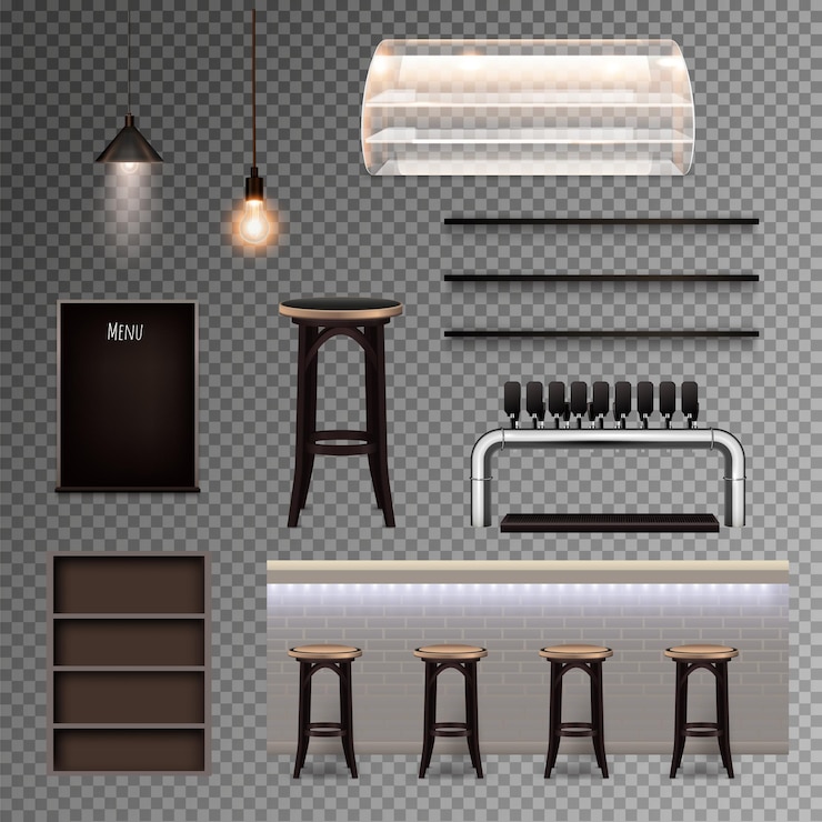 Vetor grátis conjunto realista interior de bar de lâmpadas de placa de menu de banquetas de bar torneira de cerveja em fundo transparente ilustração vetorial isolada