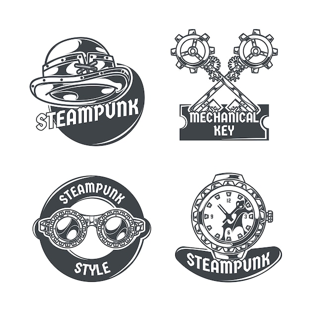 Conjunto steampunk com quatro emblemas isolados, texto editável e imagens de vários itens