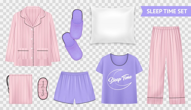 Vetor grátis conjunto transparente de hora de dormir com estilos e acessórios de pijama leves e quentes para uma ilustração confortável do sono