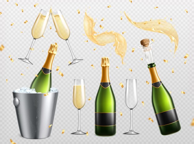 Vetor grátis conjunto transparente realista de champanhe com gotas de salpicos isolados e copos com garrafas em ilustração vetorial de balde de gelo