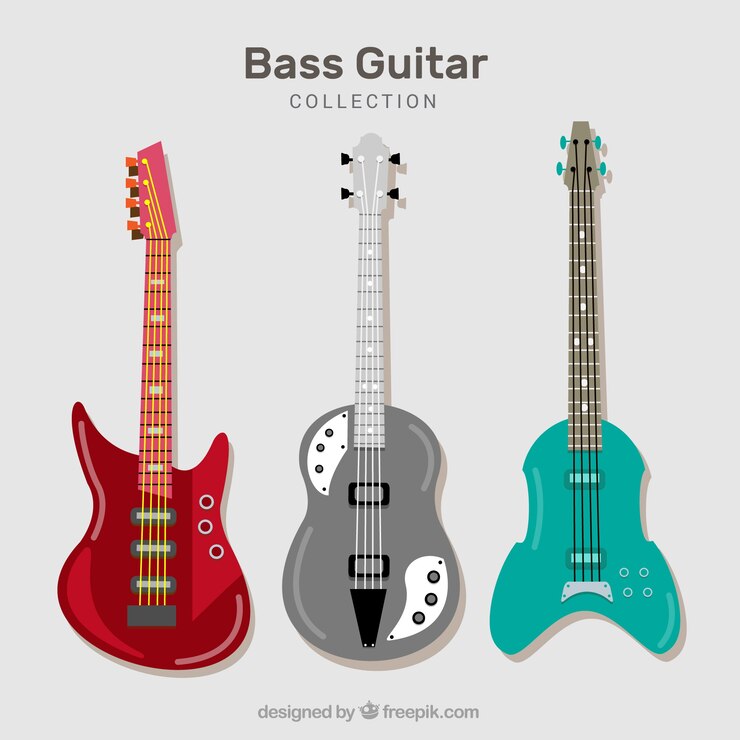 Vetor grátis conjunto, três, baixo, guitarra, liso, desenho