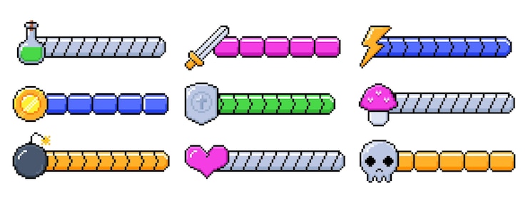 Vetor grátis conjunto vetorial de 8 bits de pixels de jogos de vida ícones de jogos de vídeo retro elemento de arcade ui níveis de energia de design