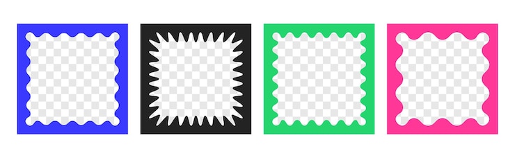 Vetor grátis conjunto vetorial de quadros coloridos com bordas de conchas dentadas caixa de texto ondulada com transparente vazio