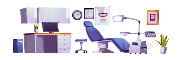 Consultório dentista, conjunto de interiores de sala de prática de clínica odontológica, gabinete de estomatologia, local de trabalho do ortodontista com cadeira moderna equipada com motor integrado, ilustração em vetor unidade de luz cirúrgica