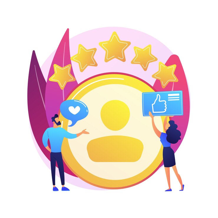 Vetor grátis conta pessoal. feedback positivo, avaliação do usuário, estrelas de fidelidade. site de namoro, classificação do site. mulher avaliando personagem de desenho animado de página da web