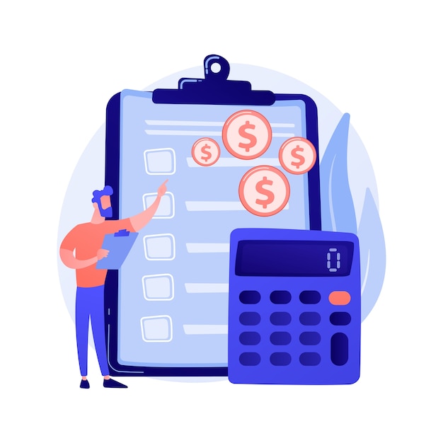 Contabilidade financeira. Personagem de desenho animado do contador feminino fazendo relatório financeiro. Resumo, análise, relatórios. demonstração financeira, receita e saldo.