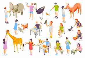 Vetor grátis contate o zoológico contato fazenda ícone isométrico zoocafe definido com homem e animal de estimação no café menina alimenta girafa toque animais ilustração vetorial