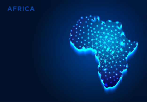Continente de áfrica em desenhos de baixo poli abstrato de silhueta azul de linha e ponto wireframe ilustração vetorial