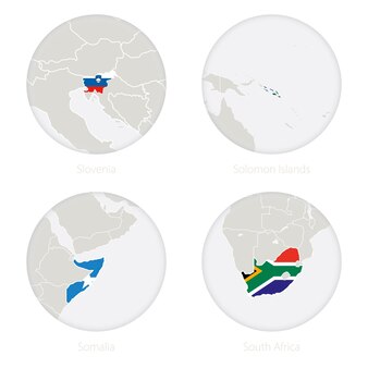Contorno do mapa da eslovênia, ilhas salomão, somália, áfrica do sul e a bandeira nacional em um círculo. ilustração vetorial.