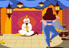 Vetor grátis contos de fadas plano de fundo colorido com jovem mulher vestida com roupas extravagantes dançando na frente da ilustração do vetor de desenhos animados do sultão