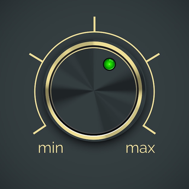Controlador de metal circular de vetor com botão verde isolado no fundo preto.