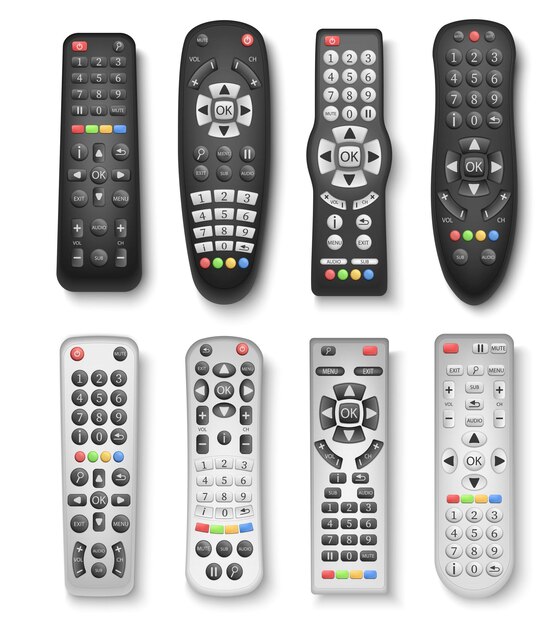 Controladores remotos de TV pretos e prateados de diferentes modelos ilustração vetorial isolada realista