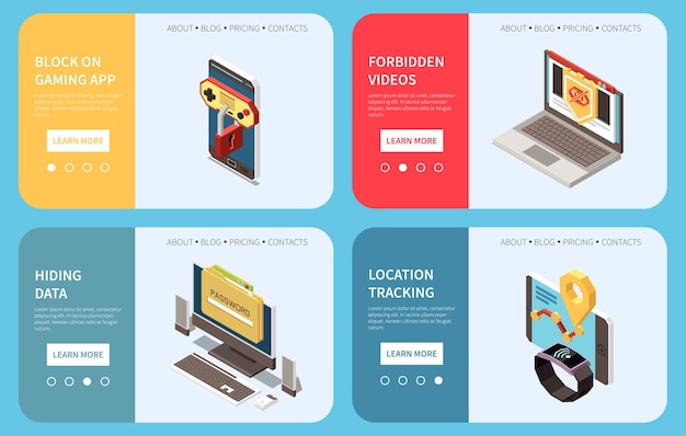 Vetor grátis controle de internet digital parental 4 banners da web com bloqueio de rastreamento de localização de aplicativos de jogos ocultando dados